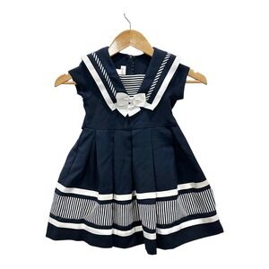 Jessica Ann Girls Size 4 Navy Blue Sailor Dress Nautical Striped Pleated